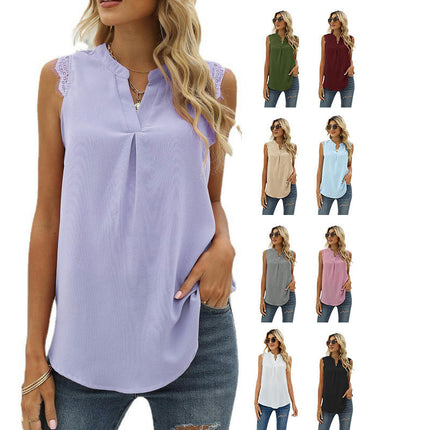 Women V Neck Lace Trim Tank Tops Casual Loose Sleeveless Chiffon Blouse Shirts