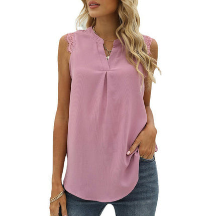 Women V Neck Lace Trim Tank Tops Casual Loose Sleeveless Chiffon Blouse Shirts