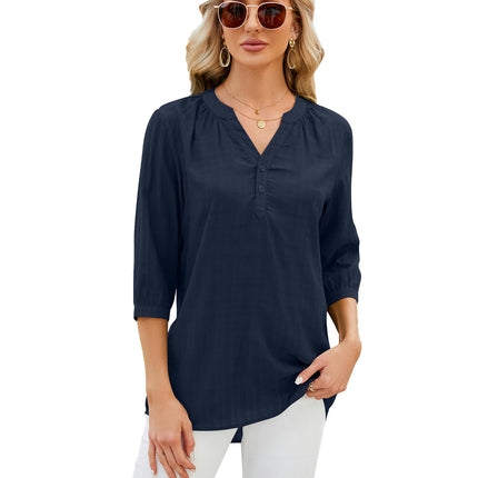 Women's Casual 3/4 Sleeve V-Neck Button Up Blouse Tops T-Shirts