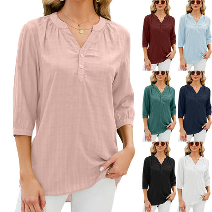 Women's Casual 3/4 Sleeve V-Neck Button Up Blouse Tops T-Shirts