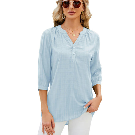 Women's Casual 3/4 Sleeve V-Neck Button Up Blouse Tops T-Shirts