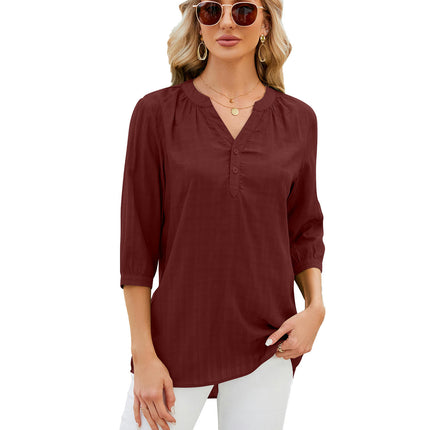 Women's Casual 3/4 Sleeve V-Neck Button Up Blouse Tops T-Shirts