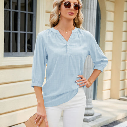 Women's Casual 3/4 Sleeve V-Neck Button Up Blouse Tops T-Shirts