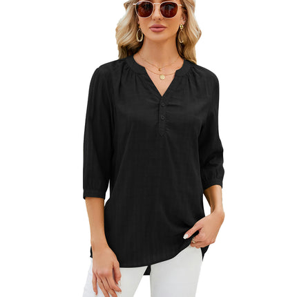 Women's Casual 3/4 Sleeve V-Neck Button Up Blouse Tops T-Shirts