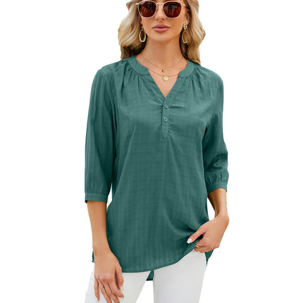 Women's Casual 3/4 Sleeve V-Neck Button Up Blouse Tops T-Shirts