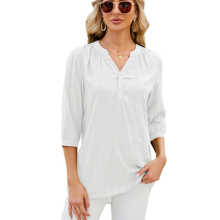 Women's Casual 3/4 Sleeve V-Neck Button Up Blouse Tops T-Shirts