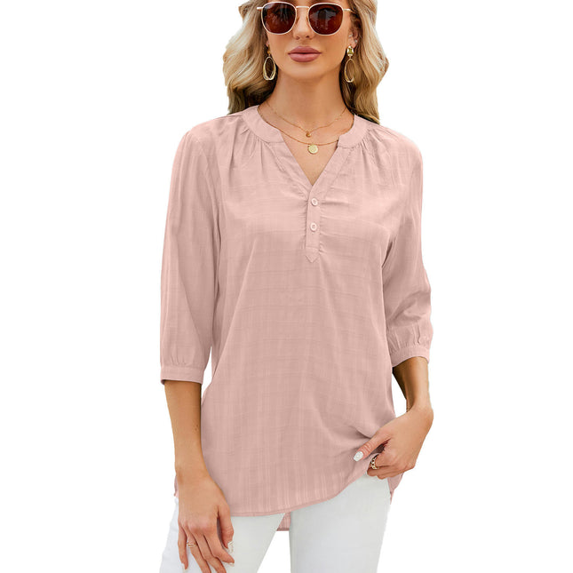 Women's Casual 3/4 Sleeve V-Neck Button Up Blouse Tops T-Shirts