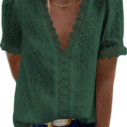 Women's Lace V Neck Tunic Tops Casual Short Sleeve Shirt Blouse