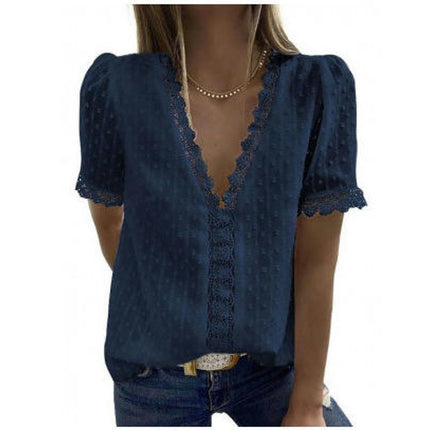 Women's Lace V Neck Tunic Tops Casual Short Sleeve Shirt Blouse