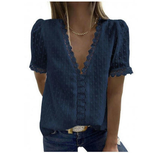 Women's Lace V Neck Tunic Tops Casual Short Sleeve Shirt Blouse