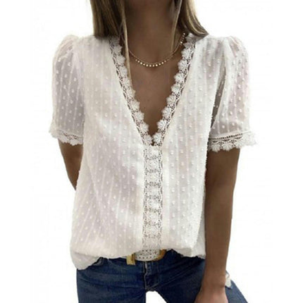 Women's Lace V Neck Tunic Tops Casual Short Sleeve Shirt Blouse