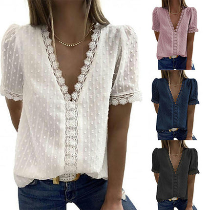 Women's Lace V Neck Tunic Tops Casual Short Sleeve Shirt Blouse