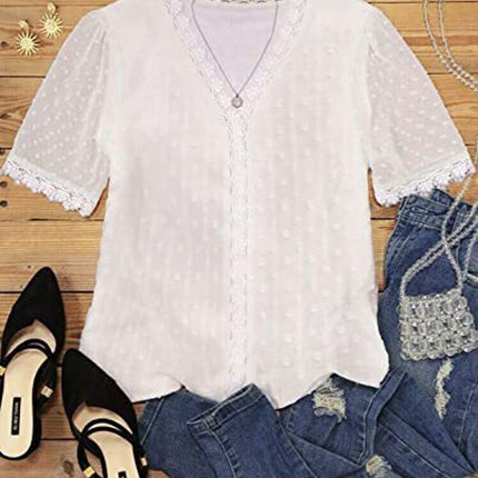 Women's Lace V Neck Tunic Tops Casual Short Sleeve Shirt Blouse