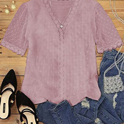 Women's Lace V Neck Tunic Tops Casual Short Sleeve Shirt Blouse