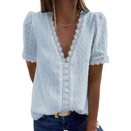 Women's Lace V Neck Tunic Tops Casual Short Sleeve Shirt Blouse