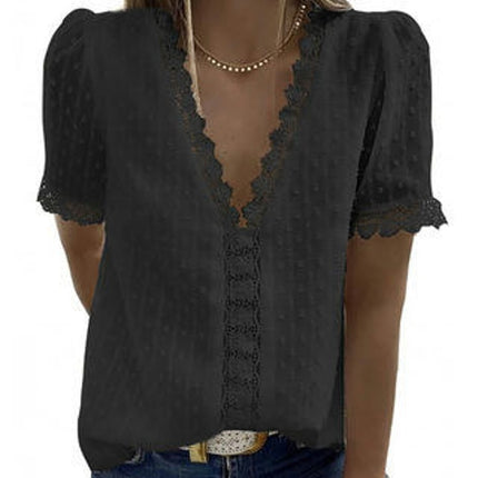 Women's Lace V Neck Tunic Tops Casual Short Sleeve Shirt Blouse