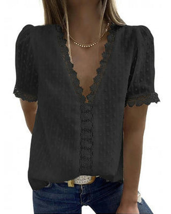 Women's Lace V Neck Tunic Tops Casual Short Sleeve Shirt Blouse