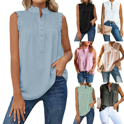 Women's Summer Tank Tops Smocked Mock Neck Buttons Ruffle Tunic Blouses Sleeveless Shirts