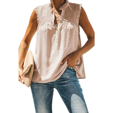 Women's Summer Tank Tops Smocked Mock Neck Buttons Ruffle Tunic Blouses Sleeveless Shirts