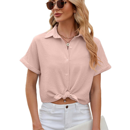 Women's Casual Button Down Shirts V Neck Chiffon Short Sleeve Blouses Tops