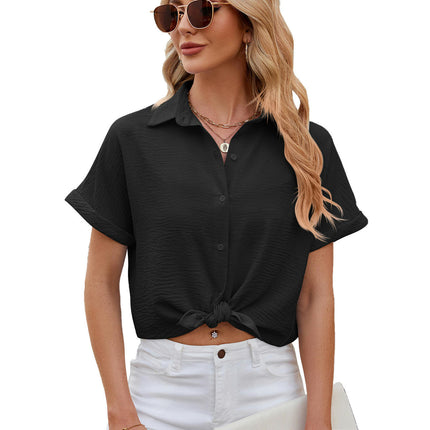 Women's Casual Button Down Shirts V Neck Chiffon Short Sleeve Blouses Tops