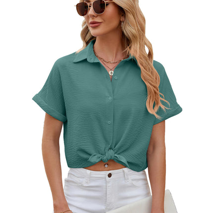 Women's Casual Button Down Shirts V Neck Chiffon Short Sleeve Blouses Tops