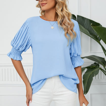 Women's Round Neck Pleated Puff Sleeve Blouse Summer Casual Chiffon Top