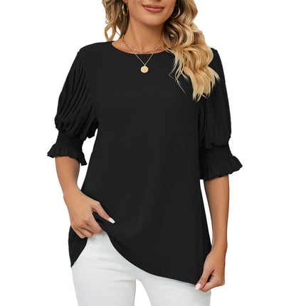 Women's Round Neck Pleated Puff Sleeve Blouse Summer Casual Chiffon Top