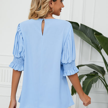 Women's Round Neck Pleated Puff Sleeve Blouse Summer Casual Chiffon Top