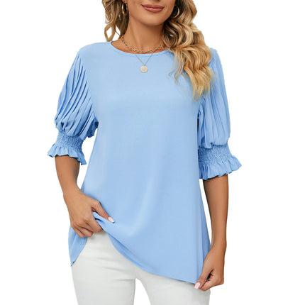 Women's Round Neck Pleated Puff Sleeve Blouse Summer Casual Chiffon Top