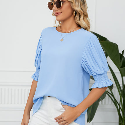 Women's Round Neck Pleated Puff Sleeve Blouse Summer Casual Chiffon Top