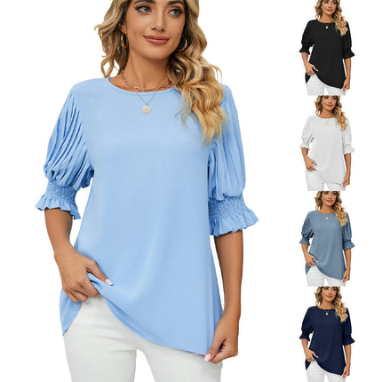 Women's Round Neck Pleated Puff Sleeve Blouse Summer Casual Chiffon Top