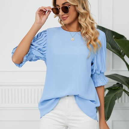 Women's Round Neck Pleated Puff Sleeve Blouse Summer Casual Chiffon Top