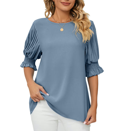 Women's Round Neck Pleated Puff Sleeve Blouse Summer Casual Chiffon Top