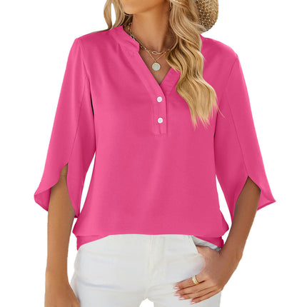 Women's 3/4 Sleeve Chiffon Blouse Shirt V Neck Tunic Tops