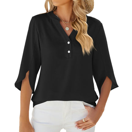 Women's 3/4 Sleeve Chiffon Blouse Shirt V Neck Tunic Tops