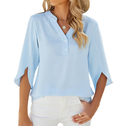 Women's 3/4 Sleeve Chiffon Blouse Shirt V Neck Tunic Tops