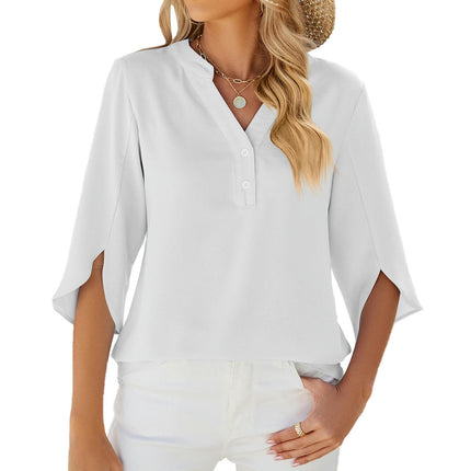 Women's 3/4 Sleeve Chiffon Blouse Shirt V Neck Tunic Tops