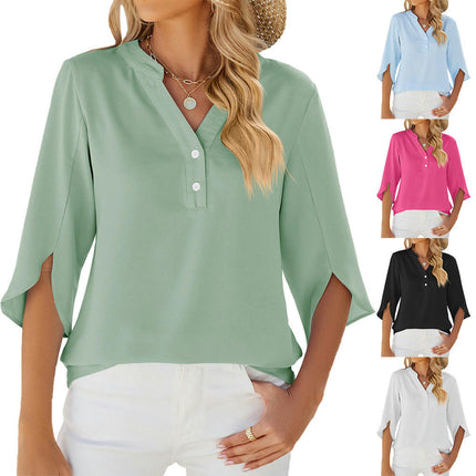 Women's 3/4 Sleeve Chiffon Blouse Shirt V Neck Tunic Tops