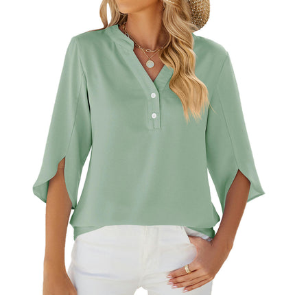 Women's 3/4 Sleeve Chiffon Blouse Shirt V Neck Tunic Tops