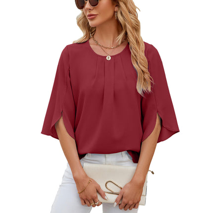 Women's Casual Round Neck Loose Top 3/4 Sleeve Chiffon Blouse Shirt Tops