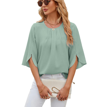 Women's Casual Round Neck Loose Top 3/4 Sleeve Chiffon Blouse Shirt Tops