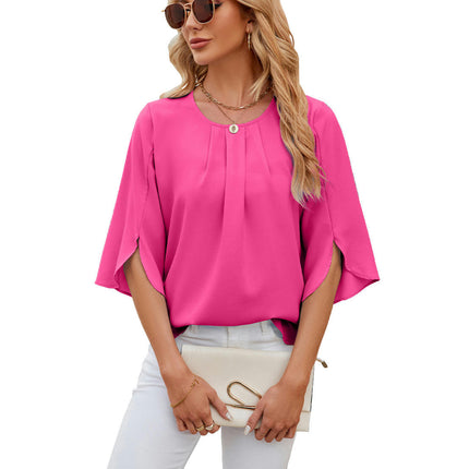 Women's Casual Round Neck Loose Top 3/4 Sleeve Chiffon Blouse Shirt Tops