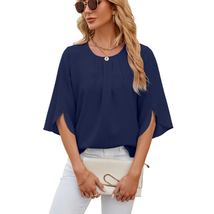 Women's Casual Round Neck Loose Top 3/4 Sleeve Chiffon Blouse Shirt Tops