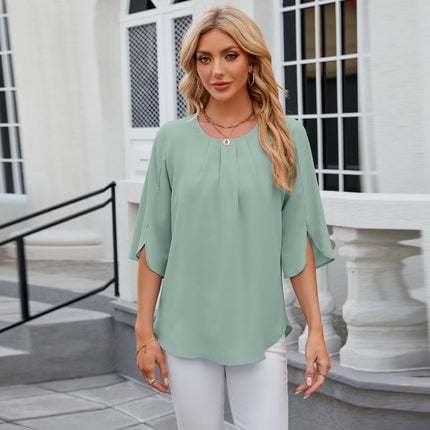 Women's Casual Round Neck Loose Top 3/4 Sleeve Chiffon Blouse Shirt Tops