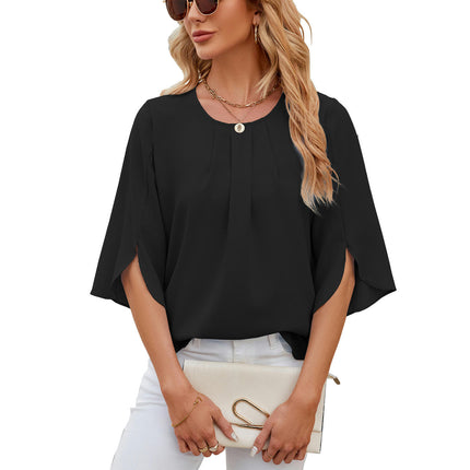 Women's Casual Round Neck Loose Top 3/4 Sleeve Chiffon Blouse Shirt Tops