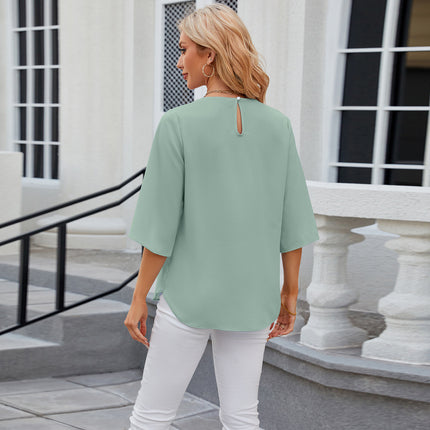 Women's Casual Round Neck Loose Top 3/4 Sleeve Chiffon Blouse Shirt Tops