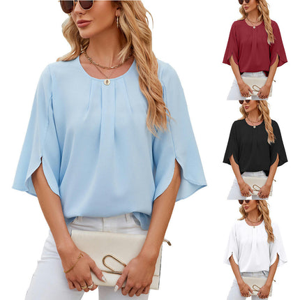 Women's Casual Round Neck Loose Top 3/4 Sleeve Chiffon Blouse Shirt Tops