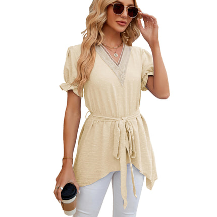 Women's V Neck Lace Tunic Tops Flowy Casual Blouses Short Sleeve Shirts