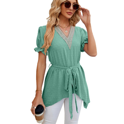 Women's V Neck Lace Tunic Tops Flowy Casual Blouses Short Sleeve Shirts